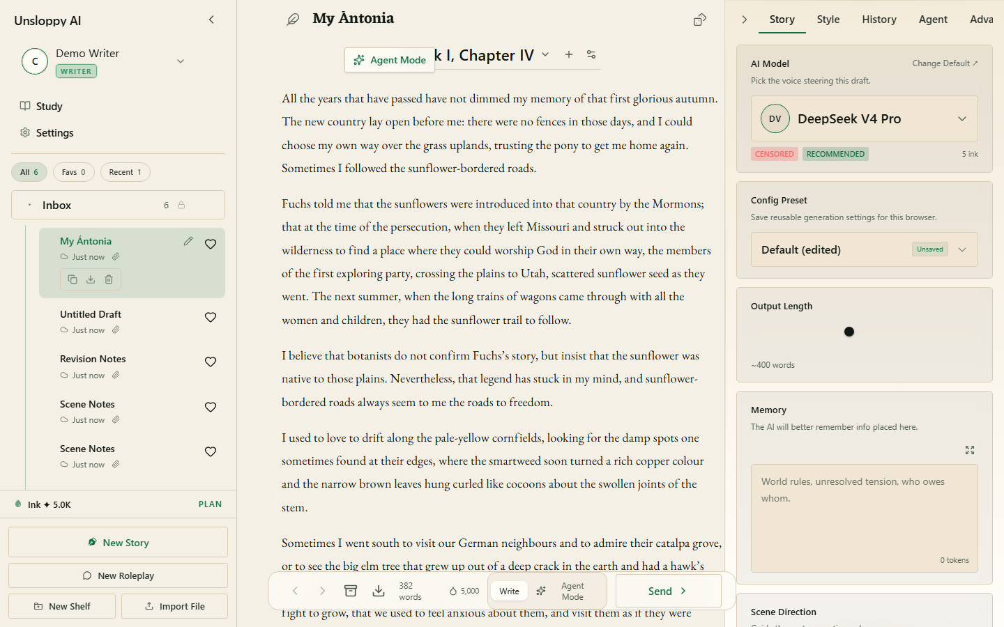 Unsloppy AI manuscript editor with chapter sidebar, writing canvas, and assistant rail