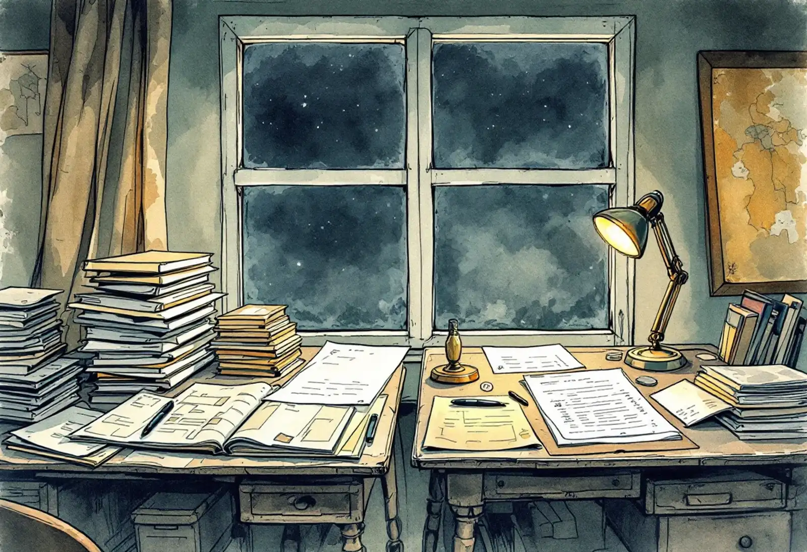 Watercolor of two desks: one buried in ledgers and index cards, one bare with a single manuscript page under a lamp